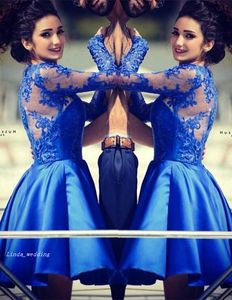 2019 Kort kunglig blå cocktailklänning Ny ankomst En linje Långärmad Prom Party Dress Homecoming Dresses Plus Size Vestidos de Coctel