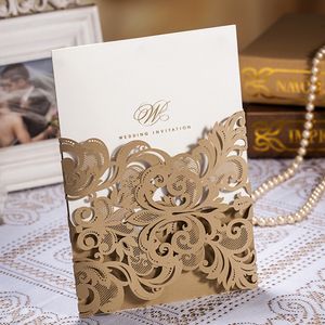 Laser cut bröllop inbjudningar kort spets blomma mönster champange guld bröllop kort gratis utskrivbara bröllop favoriserar cw3109