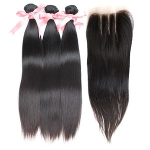 グレートマリー絹のようなストレートブラジルのビリギニの髪は、人間のヘアバンドルでトップレース閉鎖4x4を織ります4pcs/lot hairextension