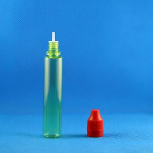 100セット/ロット30ml 1オンスユニコーングリーンプラスチックドロッパーボトル長い形状子ども抵抗タンパープルーフキャップロング薄いドロップチップダブルセーフオイルフラックスジュース液30ml