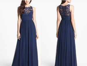 Navy Blue Bridesmaid Dresses Chiffon Long Floor Length Empire Waist Maid of Honor Jewel Neck Sheer Zipper Lace Back Honor Bridal Gowns