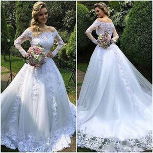 Off Shoulder Country Wedding Dresses 2017 Illusion Lace Long Sleeves A Line Bridal Gowns Tulle Covered Sweep Train Wedding Vestidos
