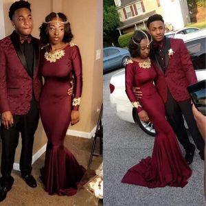 2017 Burgundy Mermaid Prom Dresses Long Cheap Long Sleeve With Gold Lace Applique Maid Of Honor Gown Custom Made China EN12083