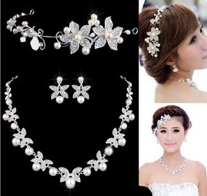 Flower Crystal Pearl Bride 3pcs Set Necklace Earrings Tiara Bridal Wedding Jewelry Set Accessories For Women NE181 white red