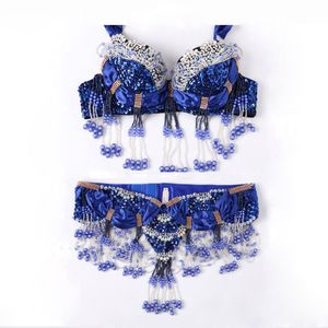Storlek S-XL Performance 11 Färger Kvinnor Dancewear Professionell 2PCS Outfit Oriental Pärlor Kostym Belly Dance Bra Belt