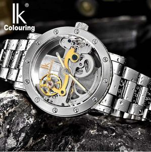 Orologio da uomo IK Coloring Hollow Orologio meccanico automatico con bracciale in acciaio inossidabile Orologio da uomo in acciaio pieno trasparente unico 50M impermeabile