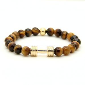 Hot 1PCS Real Gold Plated Metal Bracelet New Barbell & 8mm Grey Picture Jasper A Grade Tiger Stone Beads Fitness Fashion Dumbbell