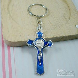 MIC 60Pcs Blue Color enamel Alloy Jesus Christ Cross charm Chain key Ring DIY Jewelry