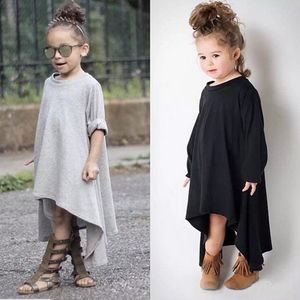 Spring Autumn Europe Fashion Baby Girls Dress Kids Long Sleeve Irregular Tops Dress Children Casual Cotton Dreses Black Gray 12536