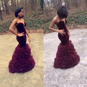 Le Style Sirène Robes De Bal Backless achat en gros de Celebrity Black Girl Robes de bal Mermaid Style Backless Bourgogne Ruffles k16 Sexy Backless Long African Aso Ebi Evening Gowns Plus Size