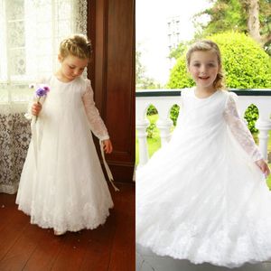 I più nuovi abiti per ragazze di fiori per Weddigns Vintage Lace A Line Jewel Neck Sheer Lace a maniche lunghe Abiti per occasioni speciali per bambini