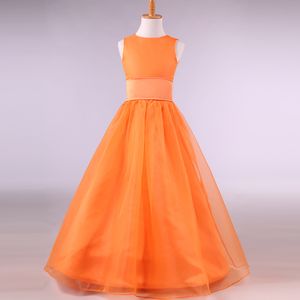 Langes Blumenmädchenkleid aus Satin-Organza in Orange, 2019, mit Juwelenausschnitt, Mutter-Tochter-Kleider, bodenlange Abendkleider für Kinder