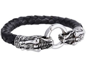 Toppkvalitet Casting Biker Double Dragon Heads Design Äkta läder Rostfritt Stål Armband Mäns semestergåva 8.26 