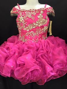 2016 Girls Pageant Dresses with Straps and Crystals Real Pictures Tiered Ruffled Organza Cupcake Girls Gowns Off Shoulder