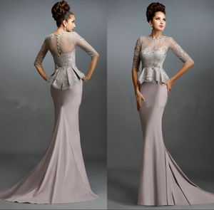 Modest Mother of Bride Mermaid Evening Dresses Long Formal Mother of the Groom Formal Gowns with Peplum Illusion Sleeves Lace Appliques