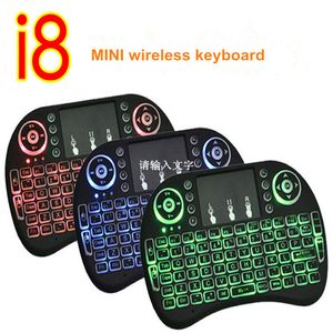 Hot Backlit I8 Mini Teclado Sem Fio Com Russo Inglês Hebraico Espanhol Air Mouse para Android TV Caixa de PC Teclados Laptops 10 pcs Lot