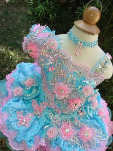 40% Cute Girl's Cupcake Pageant Abiti Ball Gown Pizzo Flower Girl Abiti fatti a mano Fiori Perline Cristalli Tiers Toddler Dress