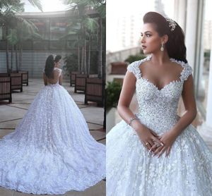 Luxury Wedding Dresses 2022 Illusion Neck Cap Sleeves Cathedral Train Appliques Lace Wedding Gowns BA3022