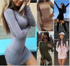 Artı Boyutu Kadınlar Ince Seksi Elbise Lady O-Boyun Uzun Kollu Vücut Con Gömlek Elbise Kadın Katı Şifon Kazak Elbise