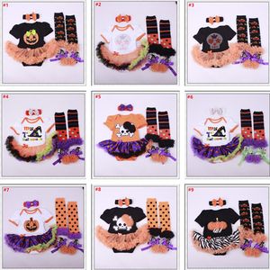Baby Halloween Party Clothes Sets Lace 4PCS Sats Pumpkin Ruffle Baptism Romper Klänning För Flickor Nyfödda Baby Outfits 0-12m Kläder