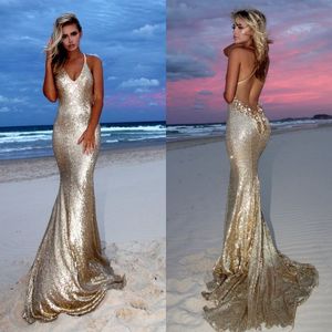 Ny populär 2017 Guld Sequined Dresses Evening Wear Sexig Halter Criss Cross Back Beaded Long Beach Formell Prom Party Gown EN9167