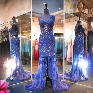 Luksusowe jednorazowe sukienki wieczorowe z koronkowymi cekinami Suknie Prom Suknie Wysoka Low Mermaid Back Zipper Sweep Sweep Custom Make Formal Dress