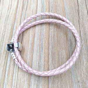 Ögonblick dubbelvävt läderarmband - rosa autentiska 925 silver passar europeisk pandora stil smycken charms pärlor handgjorda andy juvel 590705cmp -d