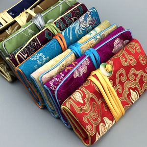 Portable Foldable Jade Silk Fabric Roll Jewelry Cosmetic Bag Travel 3 Zipper Pouch for Necklace Bracelet Ring Earring Storage Bag