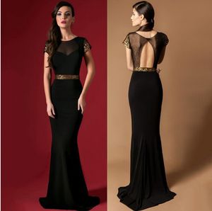 2016-2017 Barato Preto Vestidos Longos Tripulação Uma Linha Até O Chão Vestidos de Noite Roupas Femininas Sheer Neck Lantejoulas Backless Prom F295U