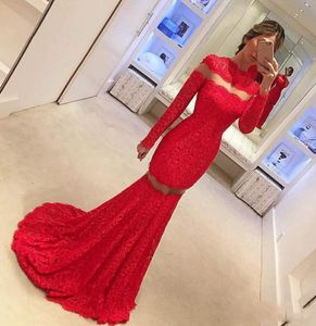 Red Lace Long Sleeve Prom Dresses 2017 High Neck See Through Mermaid Evening Gowns Arabic Formal Party Dresses Custom Made