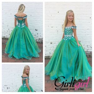 2021 Girls Pageant Dresses Turquoise with Off Shoulder and Full Length Bling Crystals Pageant Gowns for Teens with Lace Up Back Custom Made