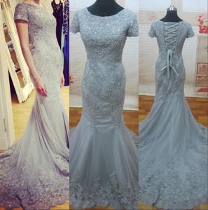 Real Image Günstige Meerjungfrau-Abendkleider mit kurzen Ärmeln, Applikationen, Kristall, Hofschleppe, formelles Abschlussball-Partykleid, lange Promi-Kleider