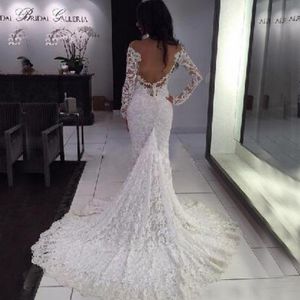 Abiti da sposa eleganti in pizzo attillati Sexy scollatura trasparente con spalle scoperte Sirena maniche lunghe Abiti da sposa Scollo a barchetta senza schienale Realizzato su misura