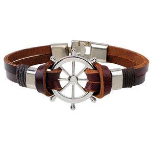 Läder sladdar Charm Wrap Armband för män Retro Hipe Rudder Anchor Cowhide Rope Handgjorda Väva Armband Male Bangles Partihandel