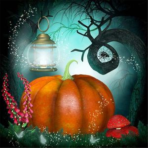 Fairy Tale Forest Pumpkin Photography Backdrop Lantern on Tree Branch Red Mushrooms Butterfly Kid Children Photo Background Vinyl photograph