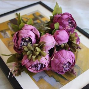 Konstgjord silke peony blomma 1 bukett 8 huvud falska blad hem fest trädgård bröllop dekor rosa / lila / hotpink