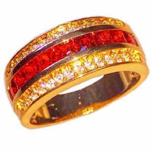 Moda 10kt żółty złoto wypełnione kwadratowe cyrkonia czerwone szwetowe pierścionki ślubne biżuteria dla mężczyzn kobiet