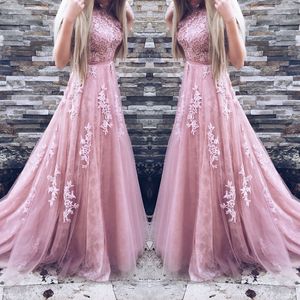 Vintage Pink Tulle Prom Dress z koronkowymi aplikacjami Klejnot szyja Sash z krótkim rękawem Formalna suknia wieczorowa Glamorous A-Line Sweep Party Suknie Party