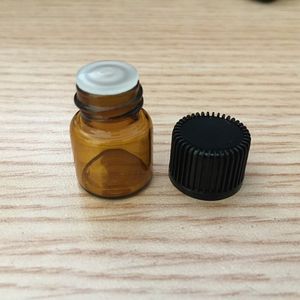 1ml Amber Glass Flaskor Mini Essential Oljeinflaskor Behållare Black Cap för Aromaterapi Reagenser Köln Parfymprover