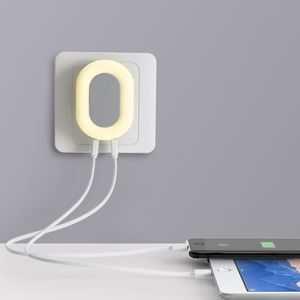 Carregador de parede inteligente dupla USB com luz ajustável noite de brilho Carregador rápido de luz para telefone celular, Tablet PC luz noite carregador de quarto