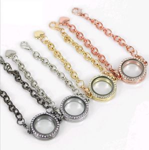 Crystal Rhinestone Rund Magnetisk Circle Living Memory Lockets Link Chain Armband för Floating Charms Heart Hummer Clasp Mix grossist
