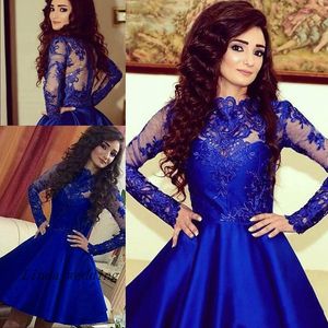 Short Royal Blue Long Sleeves Homecoming Dress Lace Appliques Zipper Back Party Dress Women Wear Plus Size Custom Made