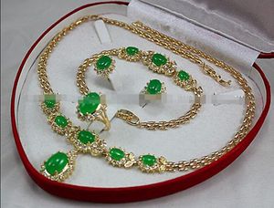 Natural Green Jade Inlay Link Bracelet earrings Ring Necklace Set