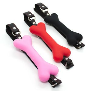 Sex MassagerCute Solid Leather Harness Mouth Silicone Dog Bone Ball Gag BdSm Mouth Plug Copar Firting Sex Products For Women