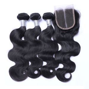 8a Бразильские девственницы человеческие волосы плетены 3 пучка с кружевной замыканием Малайзийская индийская камбоджинская перуанская волна тела волосы и замыкание 4x4 размер