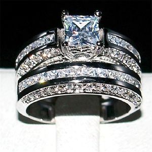 Ювелирные изделия 6 * 6 мм Принцесса cut Топаз драгоценный камень кольца палец набор 2-в-1 роскошь 10kt белого золота заполнены обручальное кольцо невесты для женщин