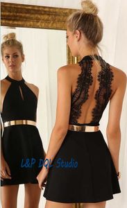 Little Black Dresses Sexy Party Dresses Satin with Lace Halter Sleeveless Short Prom gowns Cheap Summer Style