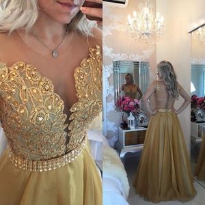 2019 Free Shipping Pearls vestidos de Festa Gold Prom Dresses See Through Back Appliqued Chiffon Evening Prom Gown