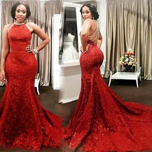 Red Lace Mermaid Prom Dresses Jewel Neck Sequins Sleeveless Luxury Pearls Backless Long Evening Gowns Stunning Sexy Celebrity Party Dresses