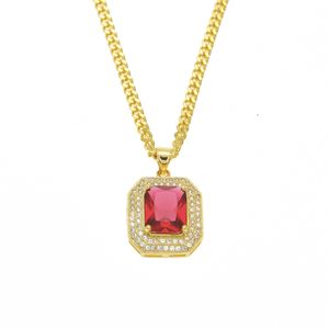 Hip Hop 18K banhado a ouro gelado Out vermelho Ruby Octagon Colar Pingente com 3mm Chain Homens / Mulheres Red Blue Ruby Colar